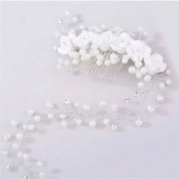 Wedding Bridal Hair Comb Hair Vine Flowers Pearls - Picture 8 of 8
